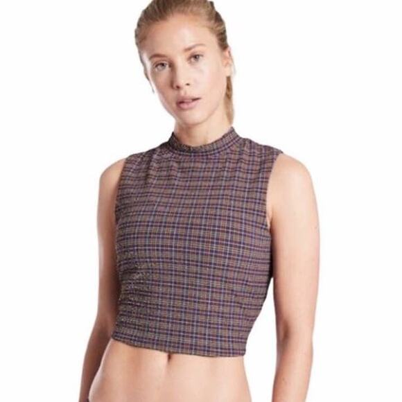 Athleta Seersucker Plaid Crop Top Rashguard Swim Small - Picture 1 of 4